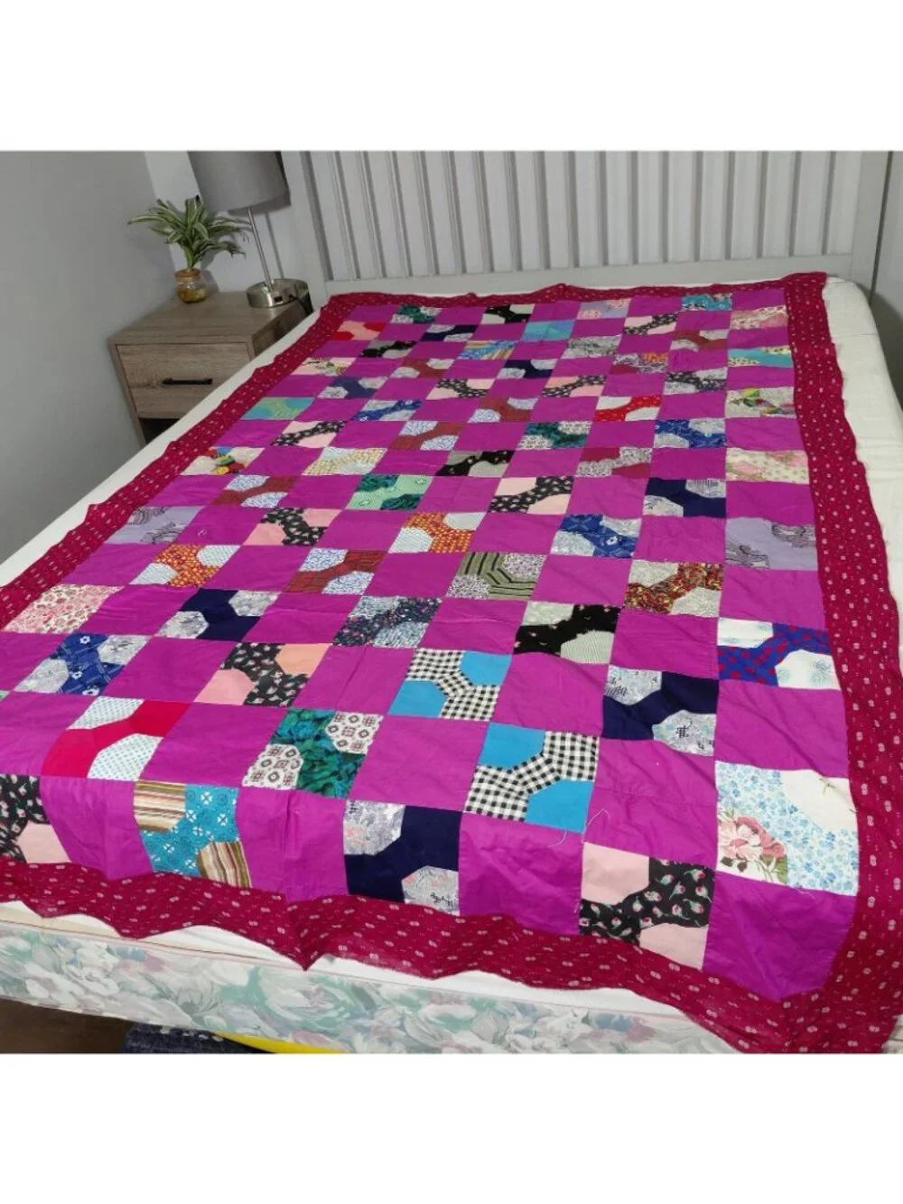 Handmade Patchwork Bow Tie Quilt Top ONLY 54x89 Pink Red Scrappy Multicolor
